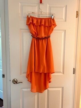 Strapless High-Low  Coral Dress w/ braided brown belt - Size L (NEW)